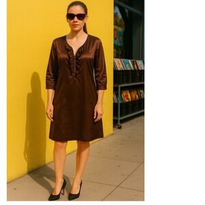 Thomas Burberry Dress, Brown Sheen, Ruffle Front, 3/4 Sleeve, Women's Size S